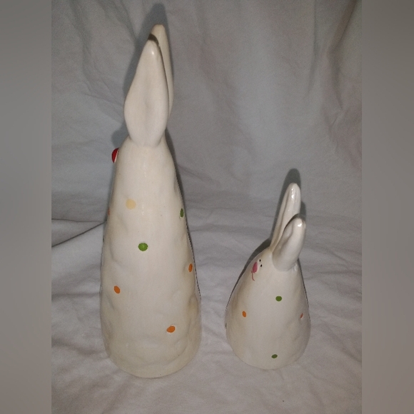 Vintage Easter Clay Bunny Rabbits Polka Dot Primitive Set of 2 Holiday Decor Art - Picture 10 of 11